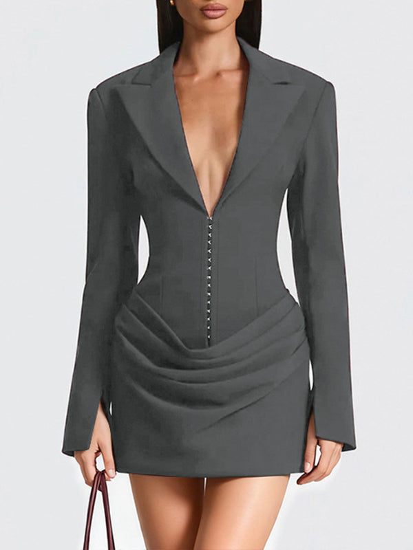 V-Neck Ruched Blazer Dress