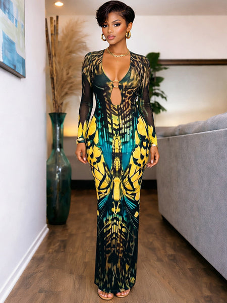 Printed V-Neck Slit Dress