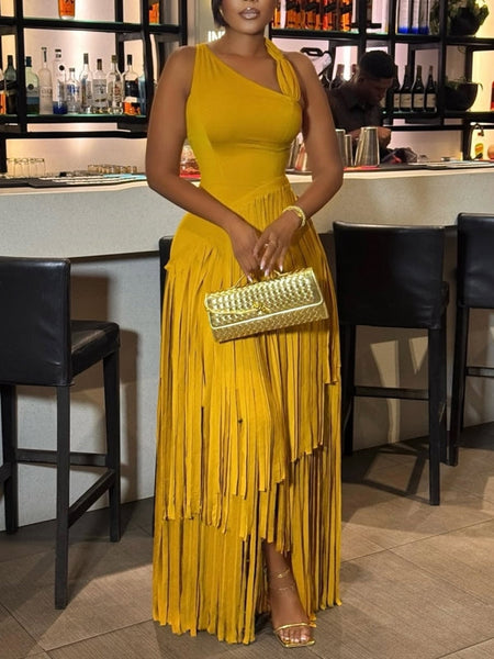 Solid Sleeveless Fringe Dress