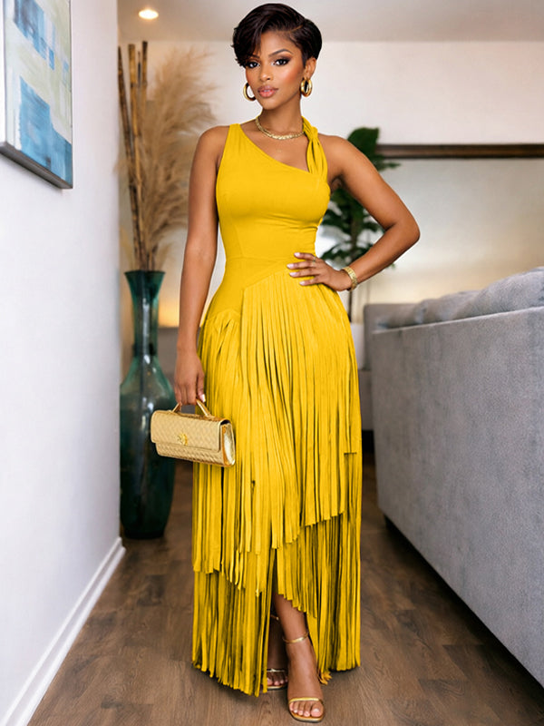 Solid Sleeveless Fringe Dress – Queenfy