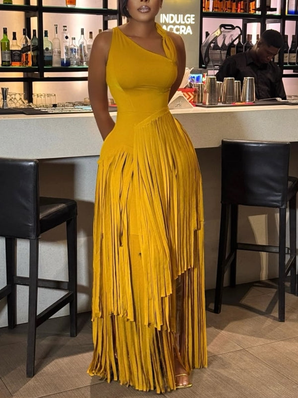 Solid Sleeveless Fringe Dress