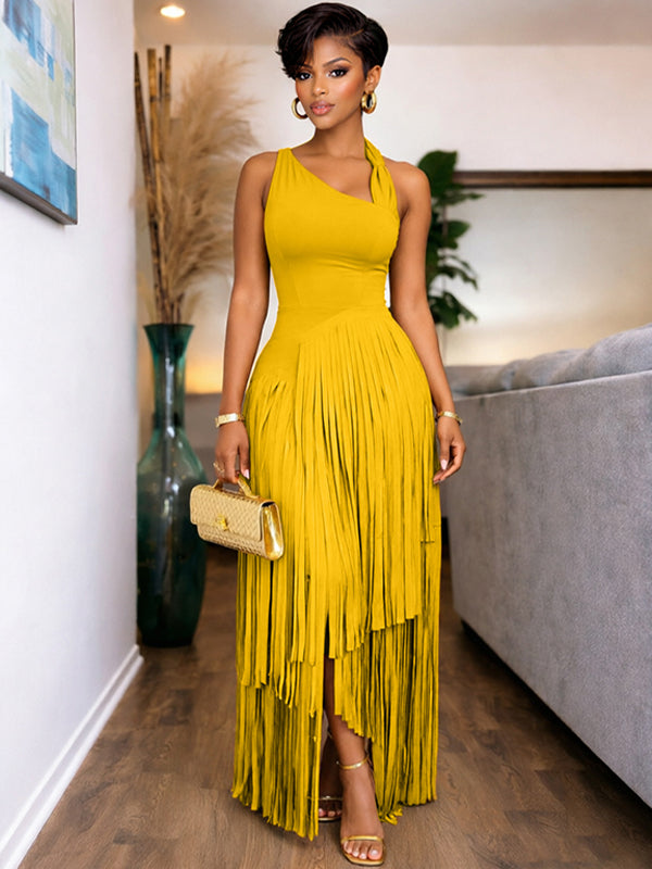 Solid Sleeveless Fringe Dress