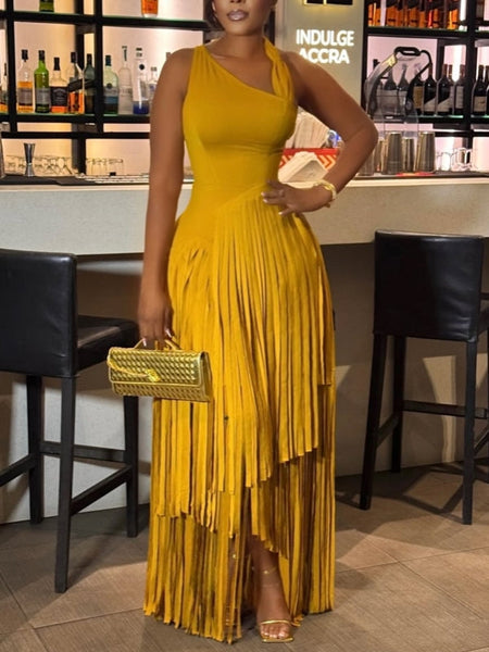 Solid Sleeveless Fringe Dress