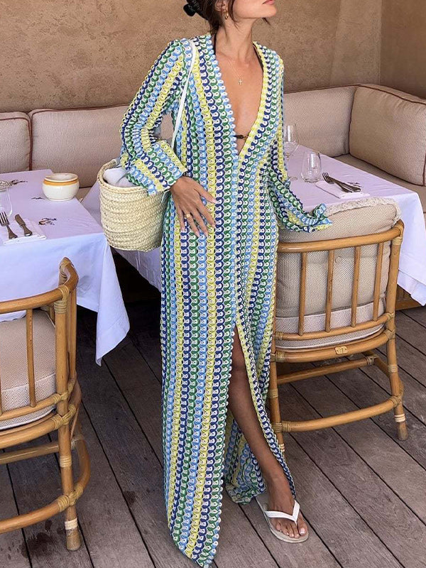 Printed V-Neck Slit Maxi Dress