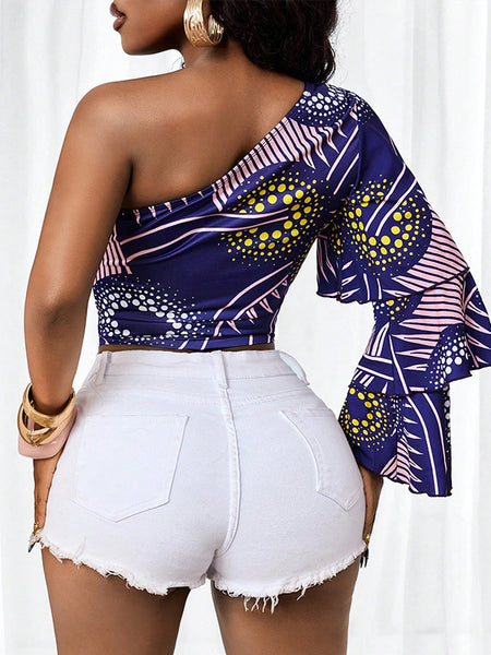 Printed One-Shoulder Ruffle Top