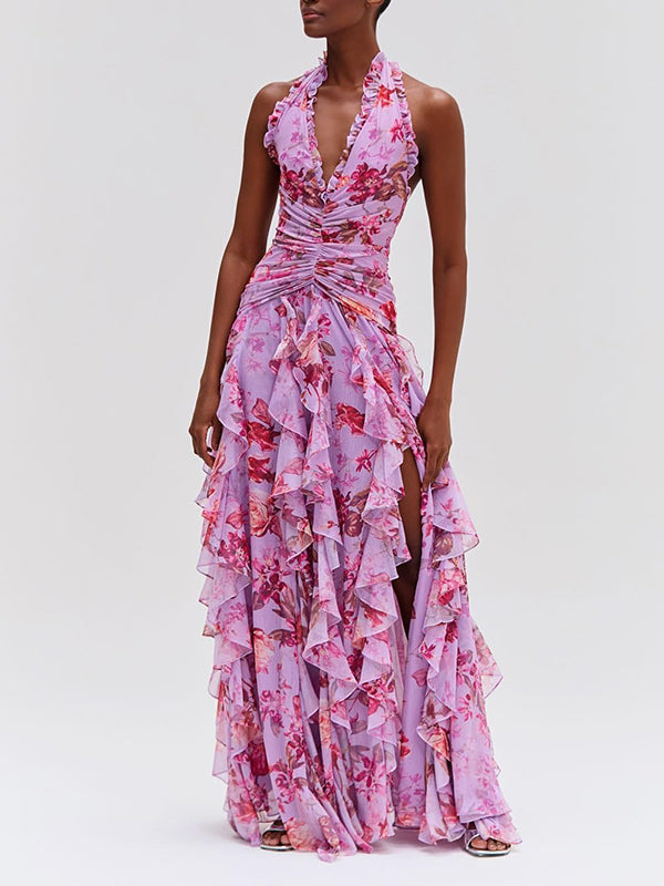 Floral Halter Ruffle Dress