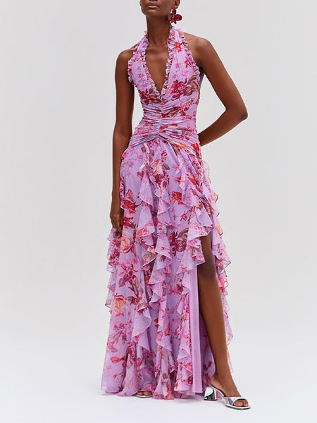 Floral Halter Ruffle Dress