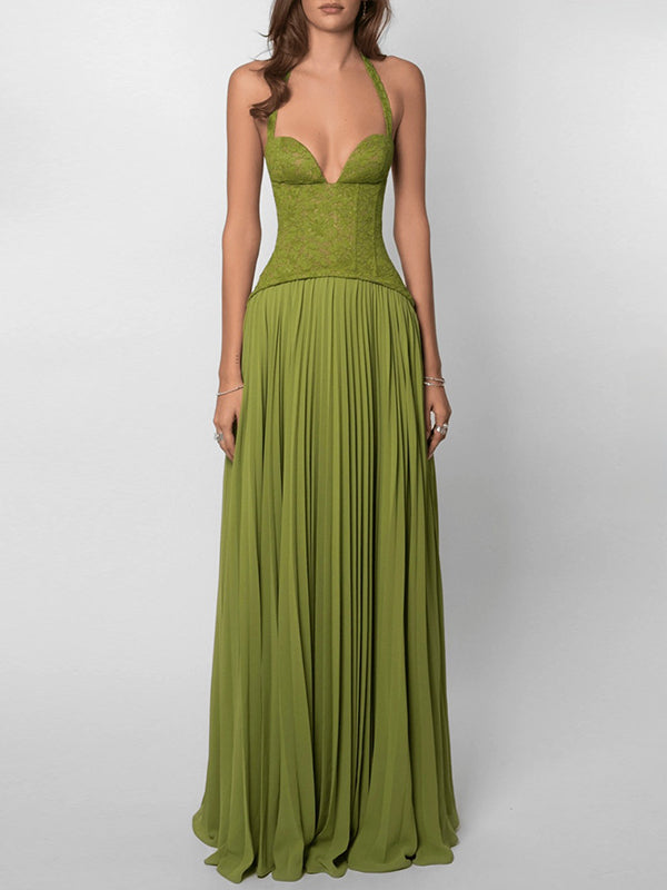 Lace-Combo Halter Pleated Dress