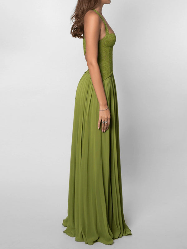 Lace-Combo Halter Pleated Dress