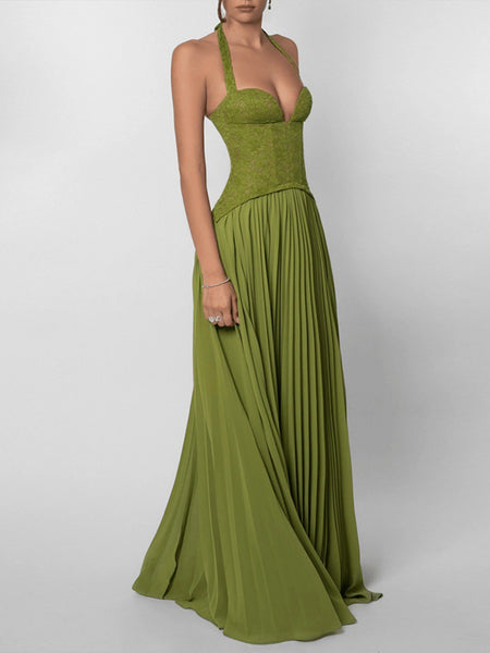 Lace-Combo Halter Pleated Dress