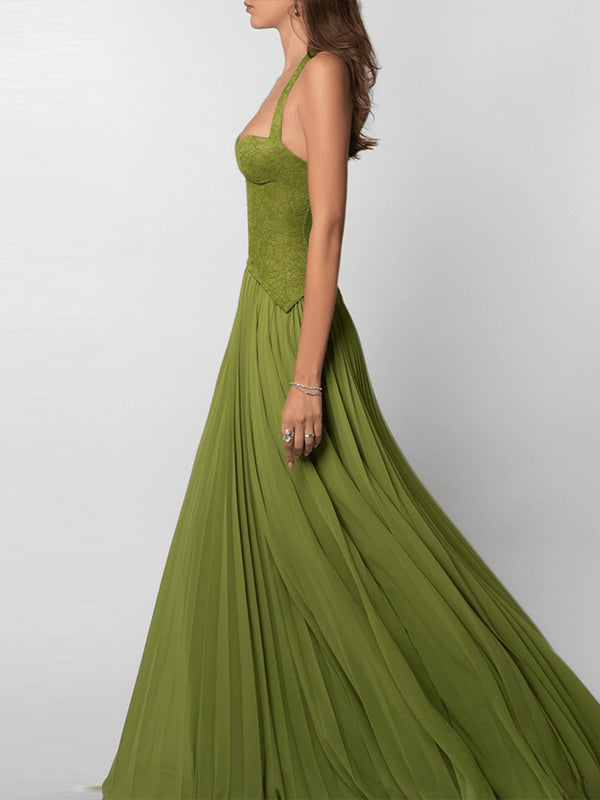 Lace-Combo Halter Pleated Dress