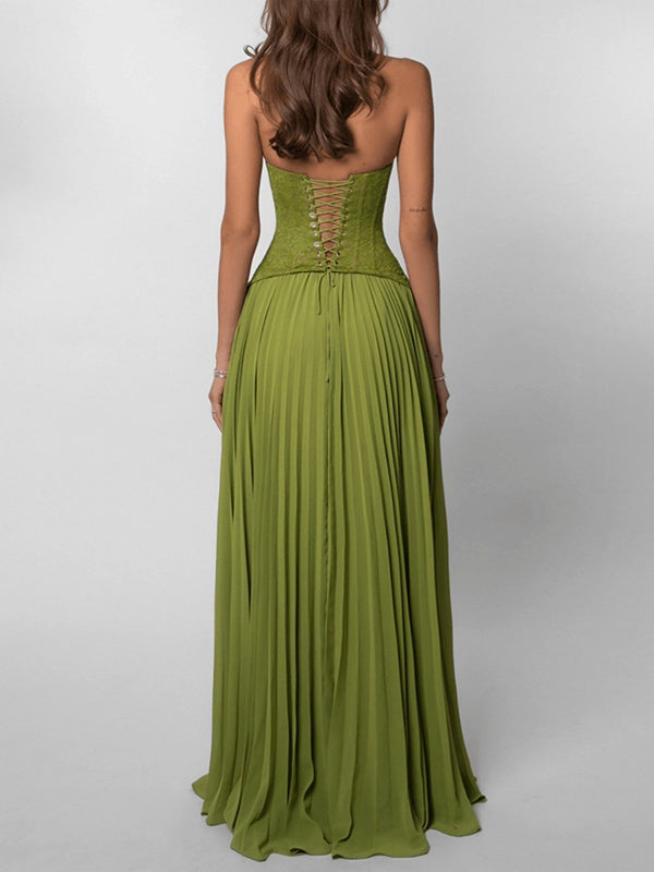 Lace-Combo Halter Pleated Dress