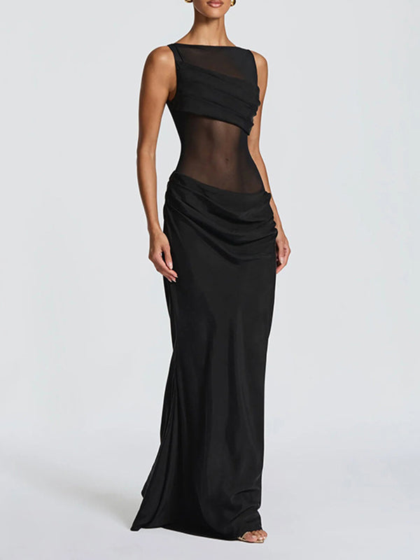 Sheer-Combo Sleeveless Maxi Dress