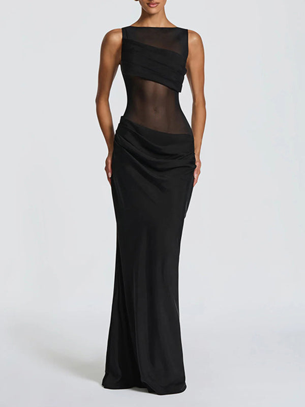 Sheer-Combo Sleeveless Maxi Dress