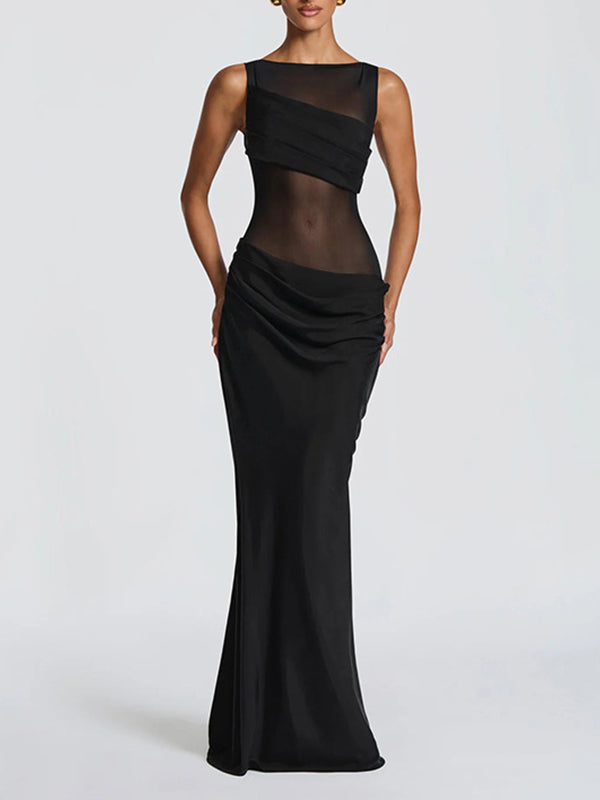 Sheer-Combo Sleeveless Maxi Dress