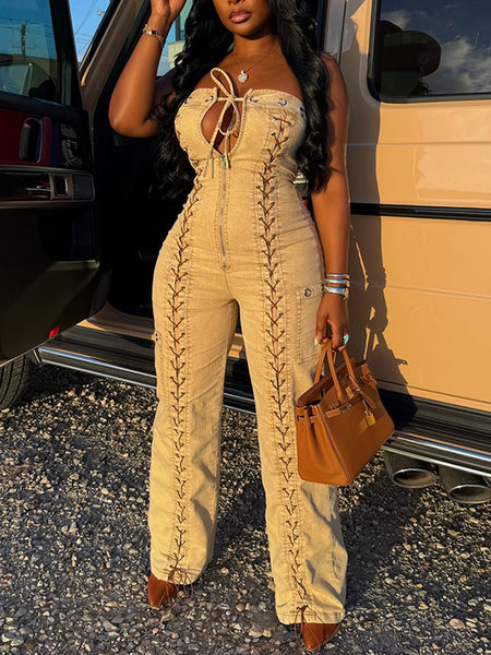 Lace-Up Strapless Denim Jumpsuit