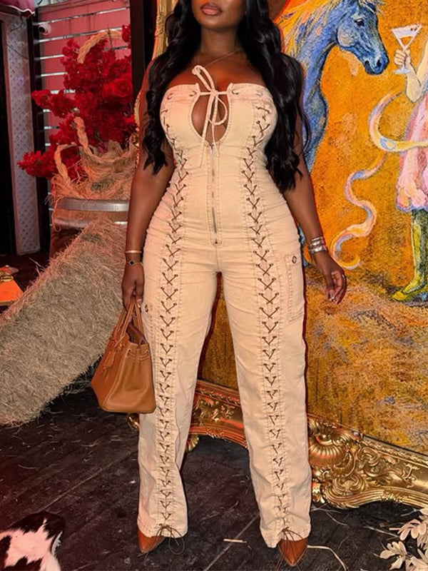 Lace-Up Strapless Denim Jumpsuit