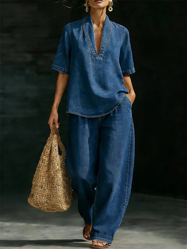 Denim V-Neck Top & Pants Set