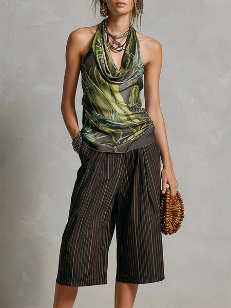 Printed Halter Top & Capri Pants Set