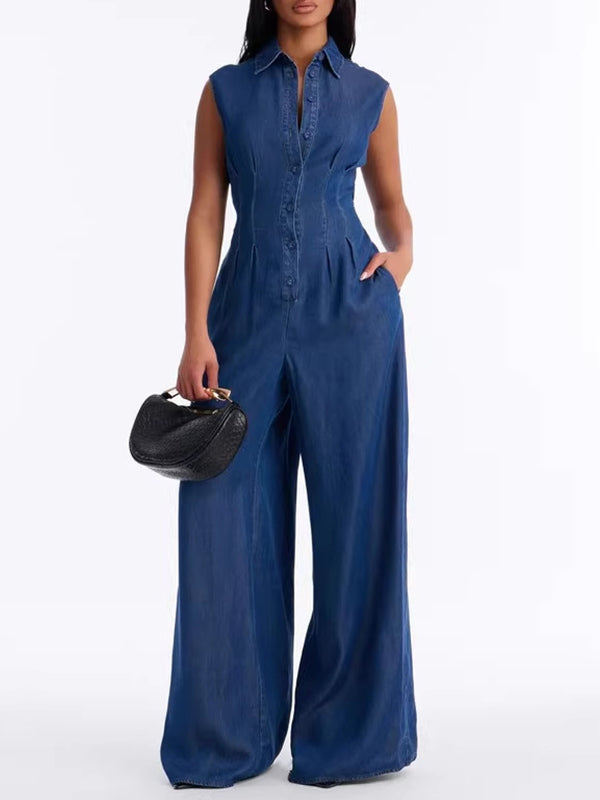 Button-Front Sleeveless Denim Jumpsuit