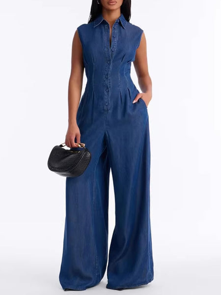 Button-Front Sleeveless Denim Jumpsuit