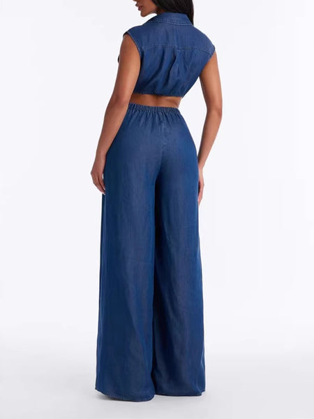 Button-Front Sleeveless Denim Jumpsuit