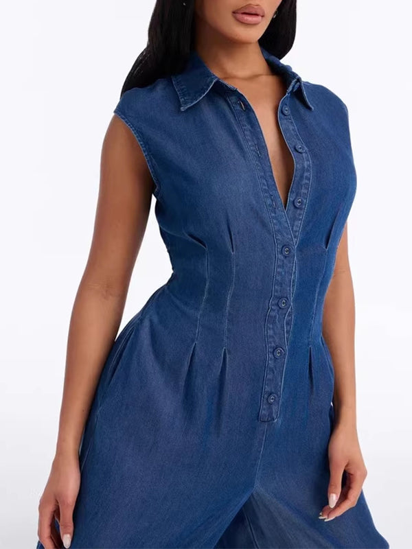 Button-Front Sleeveless Denim Jumpsuit