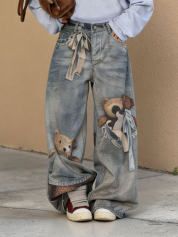 Bear-Print Wide-Leg Jeans