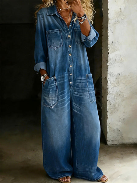Button-Front Denim Jumpsuit