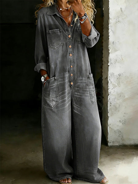 Button-Front Denim Jumpsuit