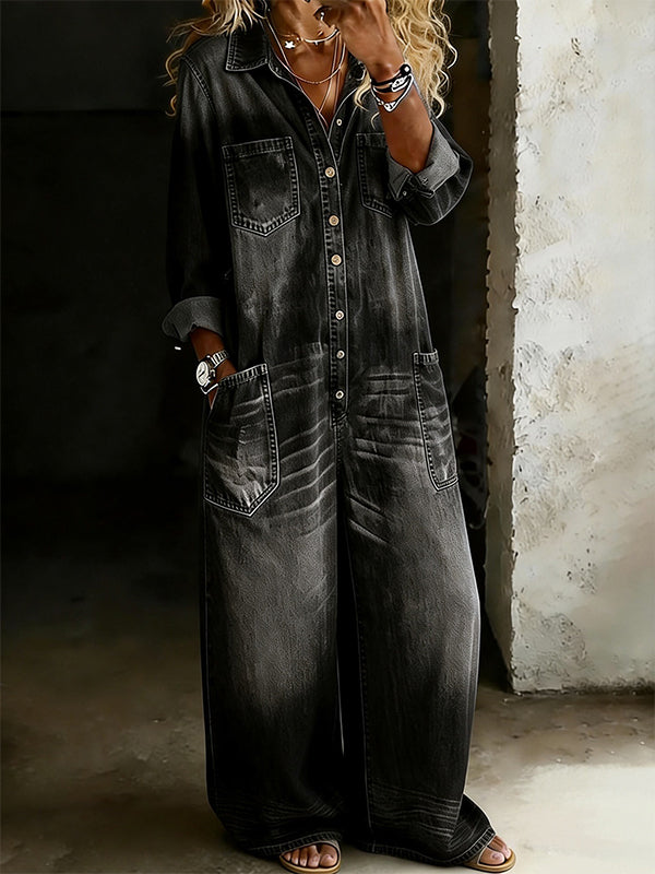 Button-Front Denim Jumpsuit