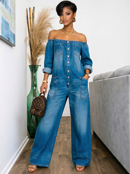 Off-Shoulder Denim Jumpsuit