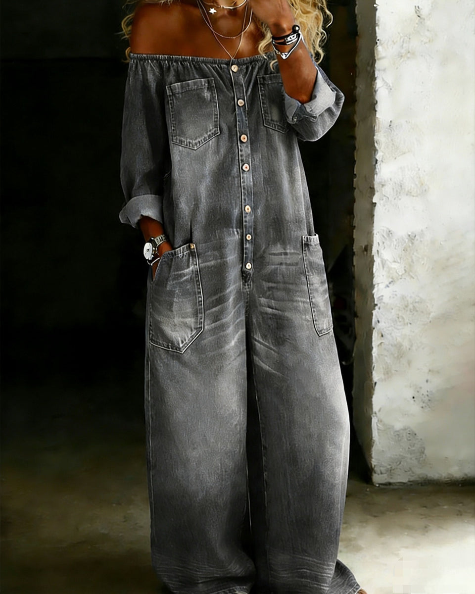 Off-Shoulder Denim Jumpsuit