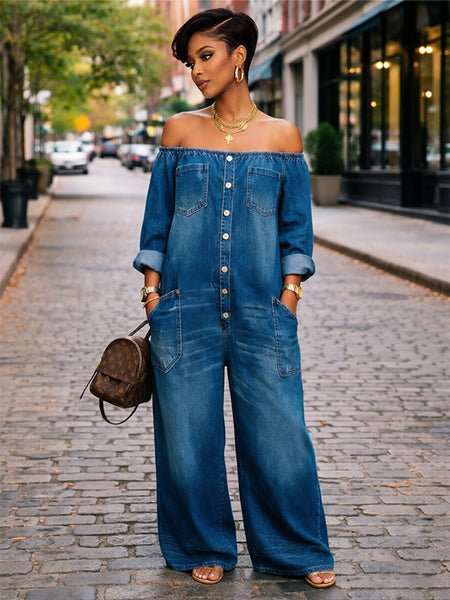 Off-Shoulder Denim Jumpsuit