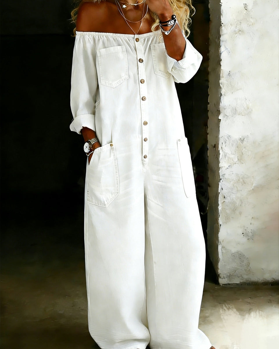 Off-Shoulder Denim Jumpsuit