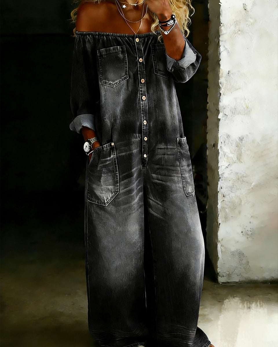 Off-Shoulder Denim Jumpsuit