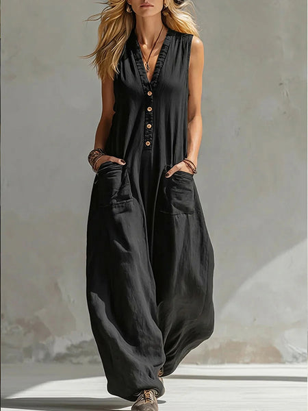 Button-Front Sleeveless Jumpsuit
