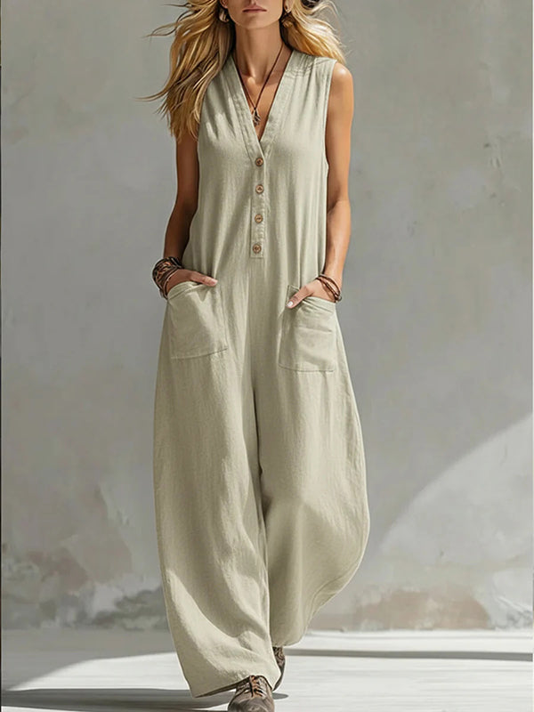 Button-Front Sleeveless Jumpsuit