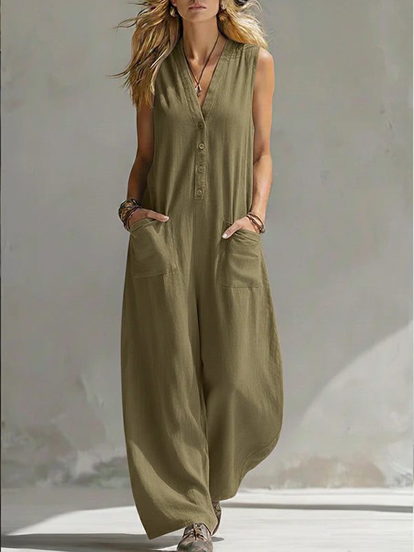 Button-Front Sleeveless Jumpsuit