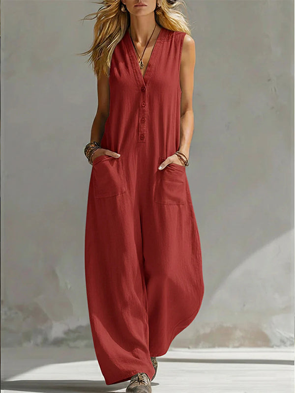 Button-Front Sleeveless Jumpsuit