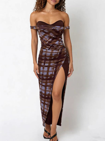 Plaid Off-Shoulder Slit Dress