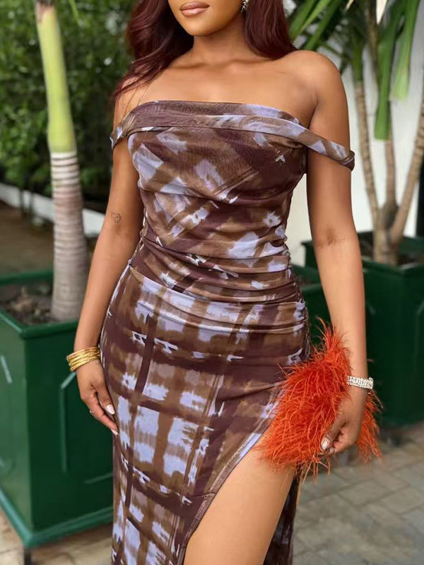 Plaid Off-Shoulder Slit Dress