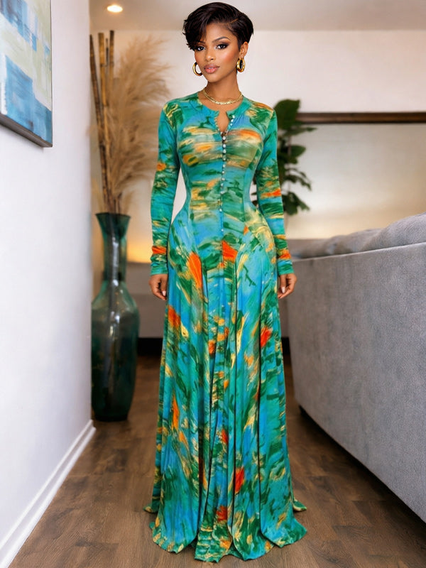 Printed Button-Front Maxi Dress