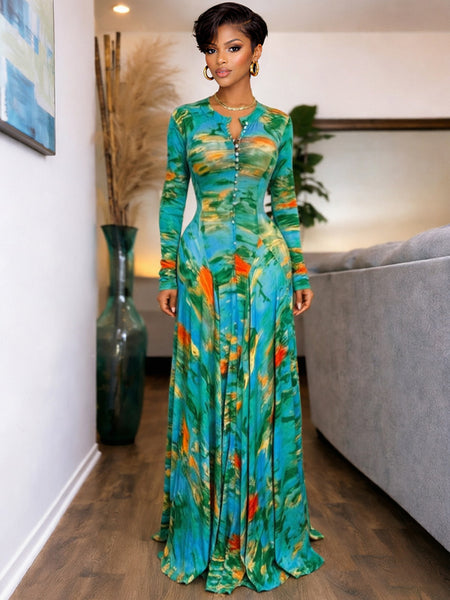 Printed Button-Front Maxi Dress