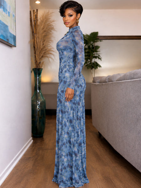 Printed Mock-Neck Maxi Dress