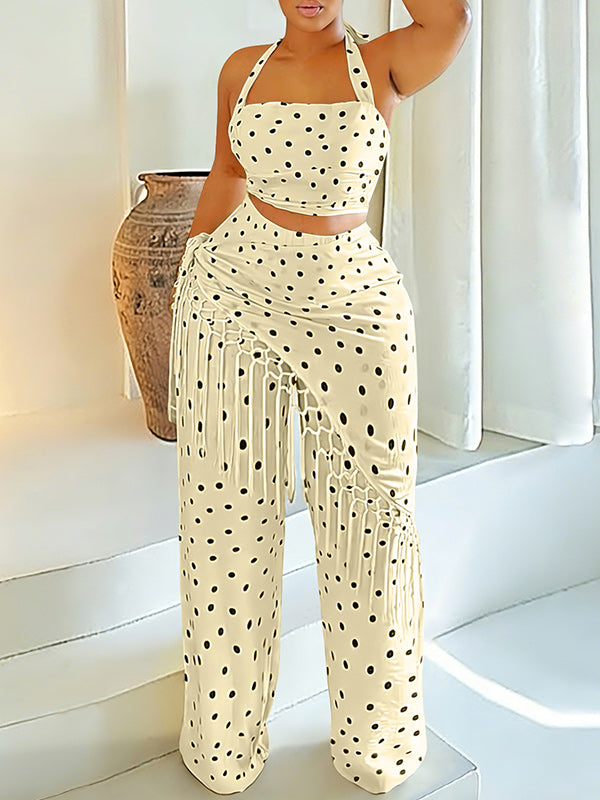 Dot Halter Top & Fringe Pants Set
