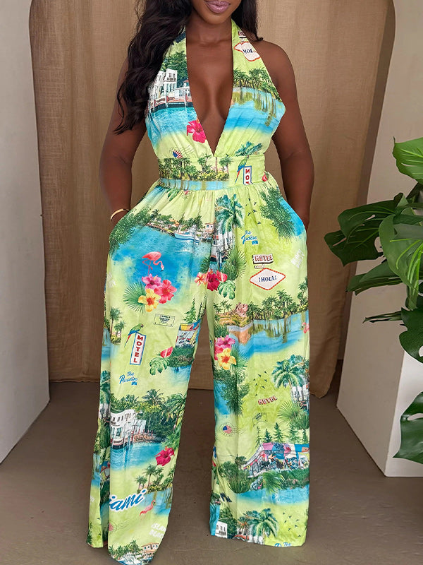 Printed Halter Wide-Leg Jumpsuit