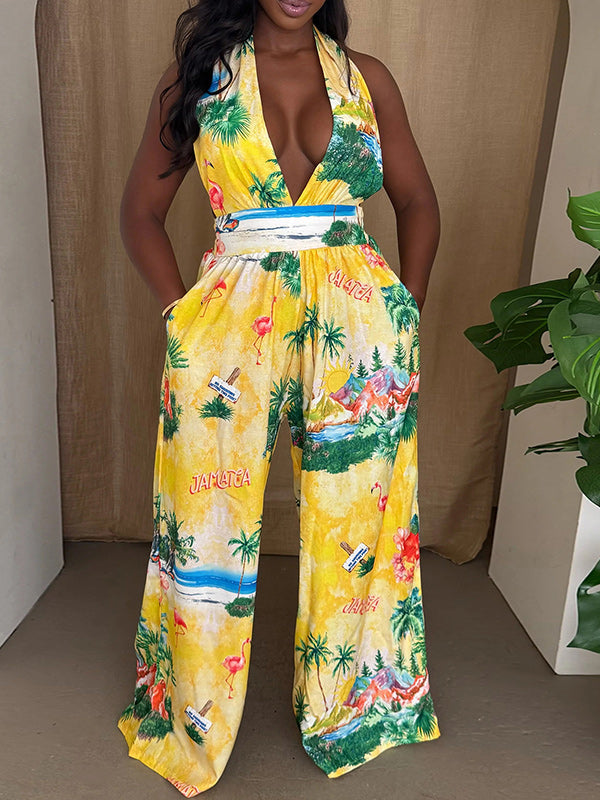 Printed Halter Wide-Leg Jumpsuit