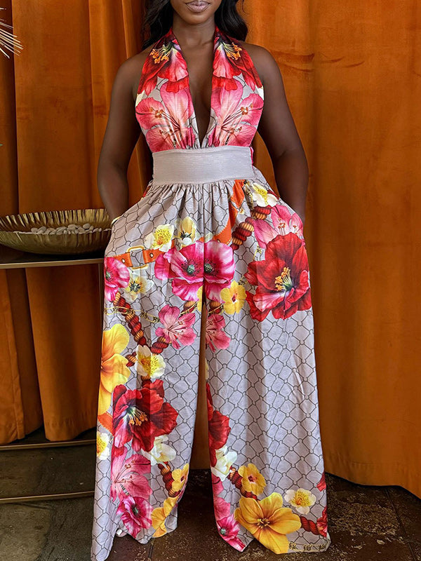 Printed Halter Wide-Leg Jumpsuit