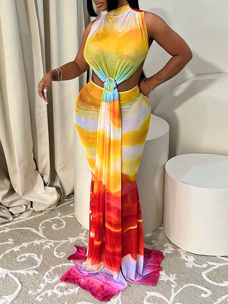 Printed Draped Sleeveless Dress